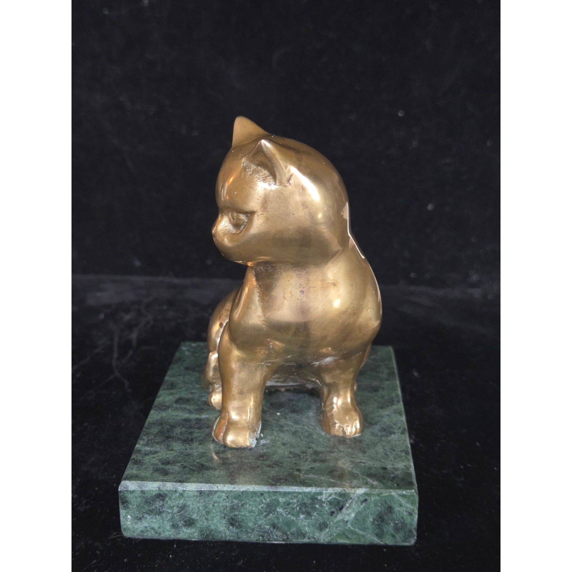 Vintage Solid Brass Cat Figurine On Green Marble Base Vintage Home Decor