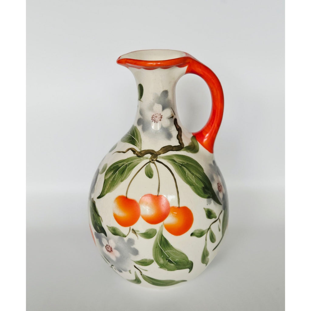 Erphila Pottery Pitcher with fruit, cherry florals , bright orange and Cream, Peasant Ware Czech, Bohemian