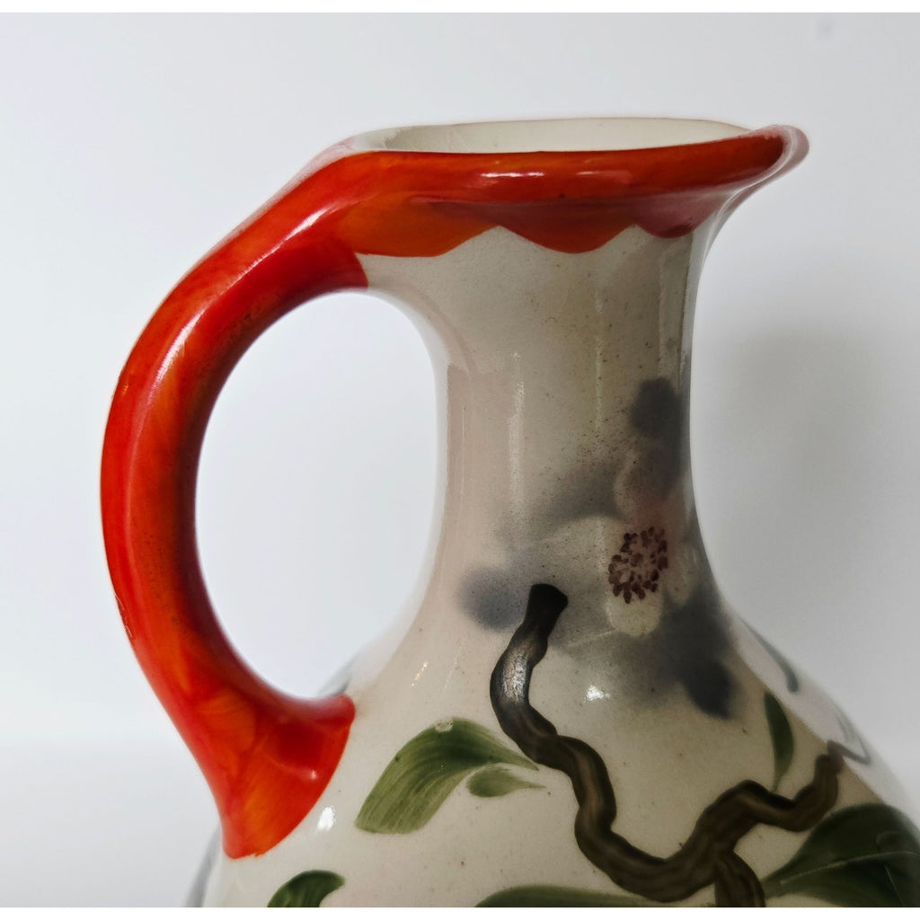 Erphila Pottery Pitcher with fruit, cherry florals , bright orange and Cream, Peasant Ware Czech, Bohemian