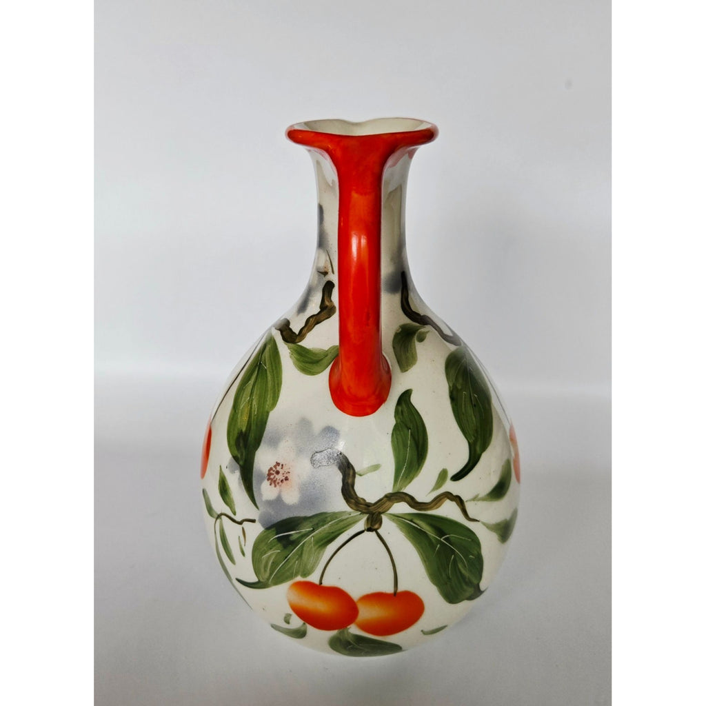 Erphila Pottery Pitcher with fruit, cherry florals , bright orange and Cream, Peasant Ware Czech, Bohemian