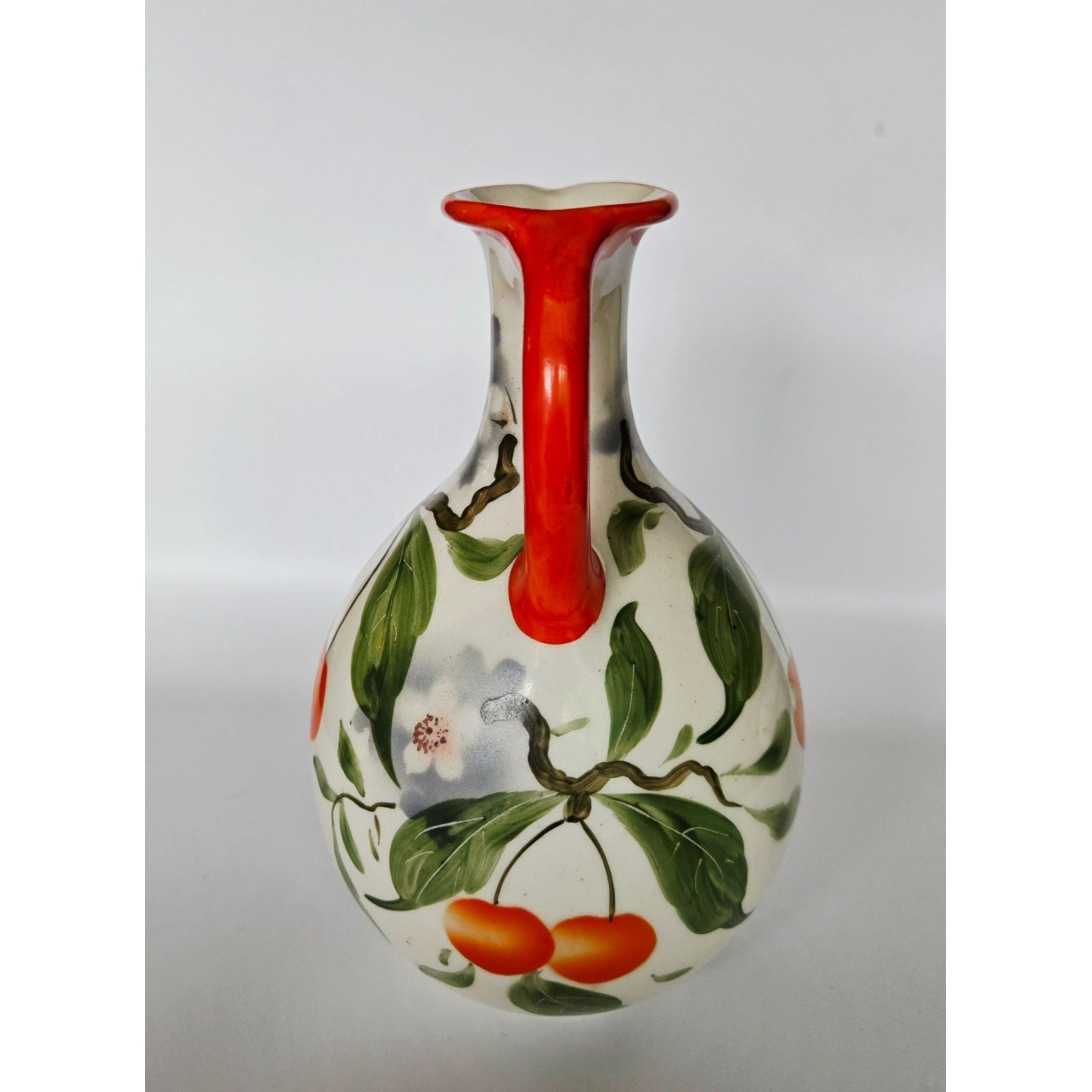 Erphila Pottery Pitcher with fruit, cherry florals , bright orange and Cream, Peasant Ware Czech, Bohemian
