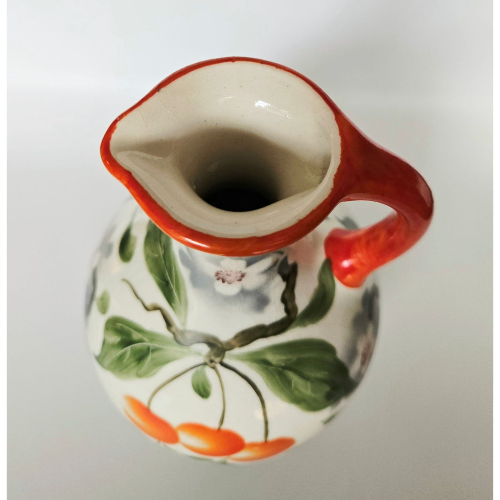 Erphila Pottery Pitcher with fruit, cherry florals , bright orange and Cream, Peasant Ware Czech, Bohemian