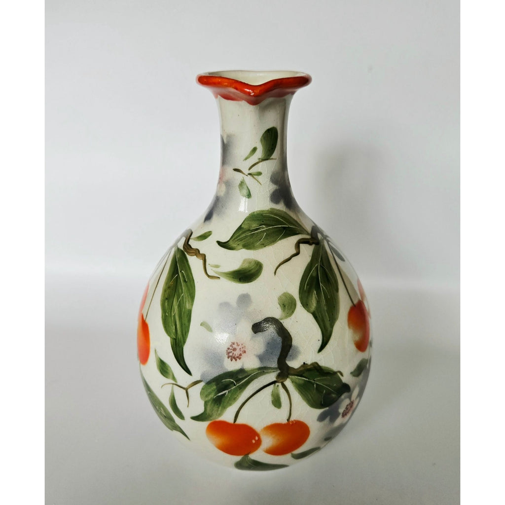 Erphila Pottery Pitcher with fruit, cherry florals , bright orange and Cream, Peasant Ware Czech, Bohemian