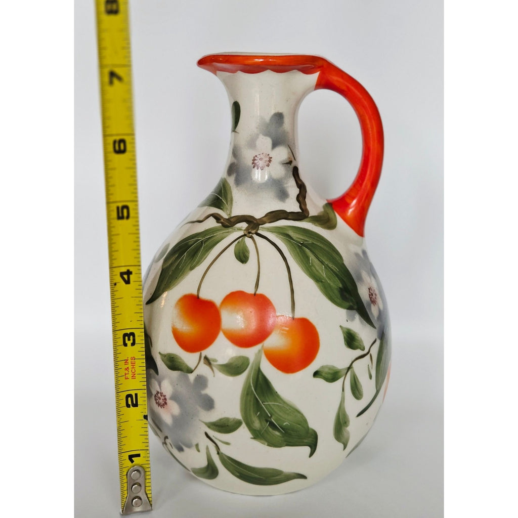 Erphila Pottery Pitcher with fruit, cherry florals , bright orange and Cream, Peasant Ware Czech, Bohemian