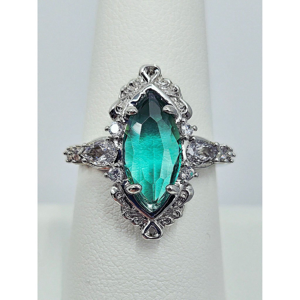 Vintage Ring Marquis Cut Teal Stone Ring w/Silver tone Band & Crystal Accent 7