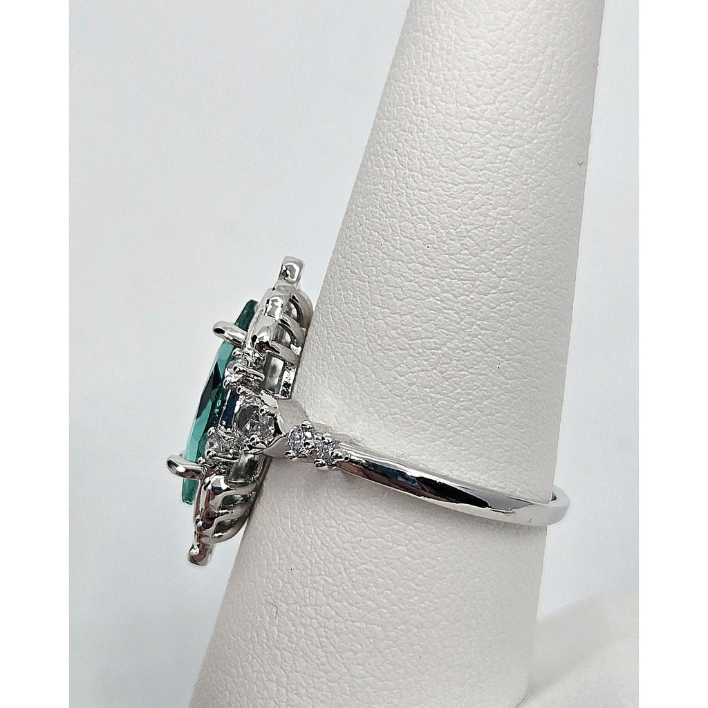 Vintage Ring Marquis Cut Teal Stone Ring w/Silver tone Band & Crystal Accent 7