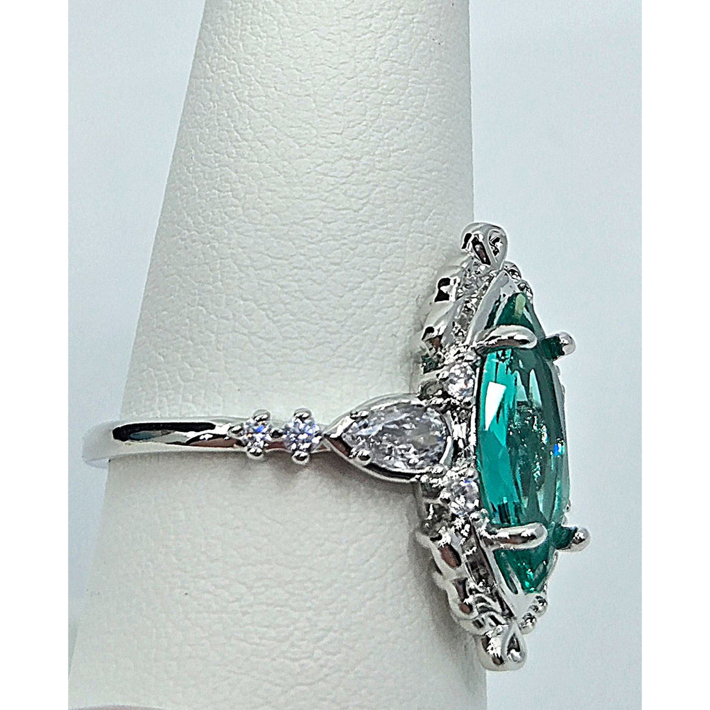 Vintage Ring Marquis Cut Teal Stone Ring w/Silver tone Band & Crystal Accent 7