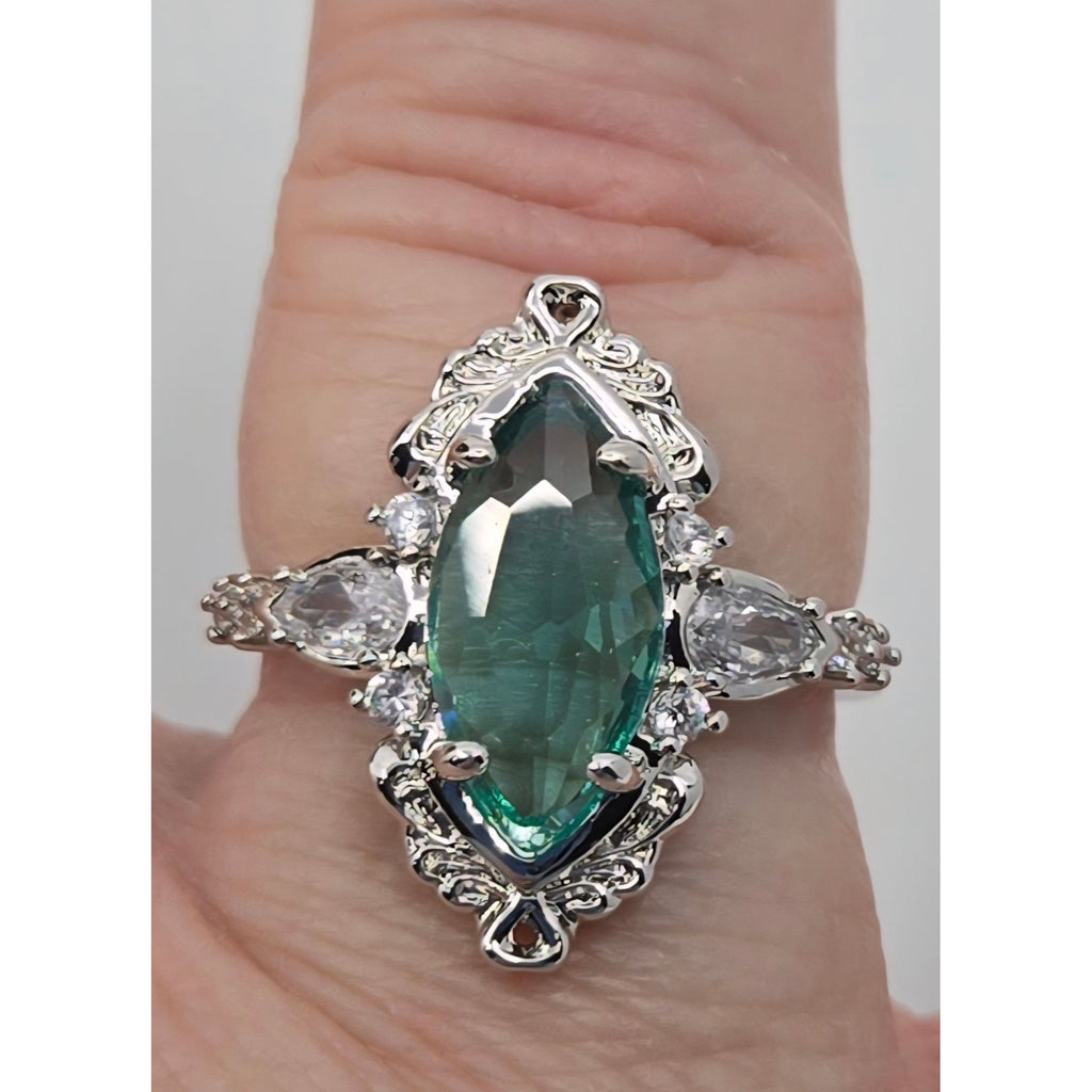 Vintage Ring Marquis Cut Teal Stone Ring w/Silver tone Band & Crystal Accent 7