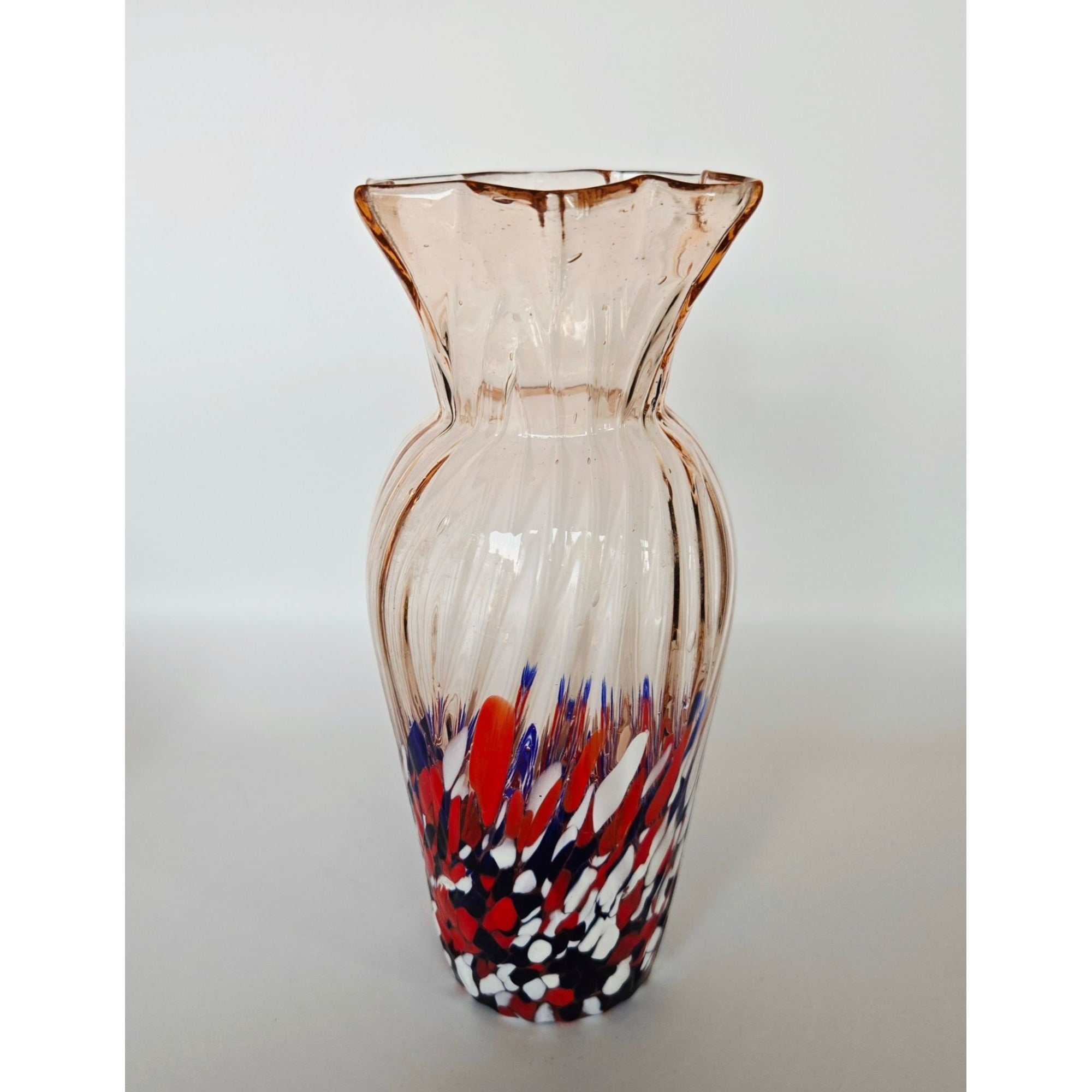 Czech Pink glass with confetti speckled Vase Star Shaped Rim. Swirl Design, Mint