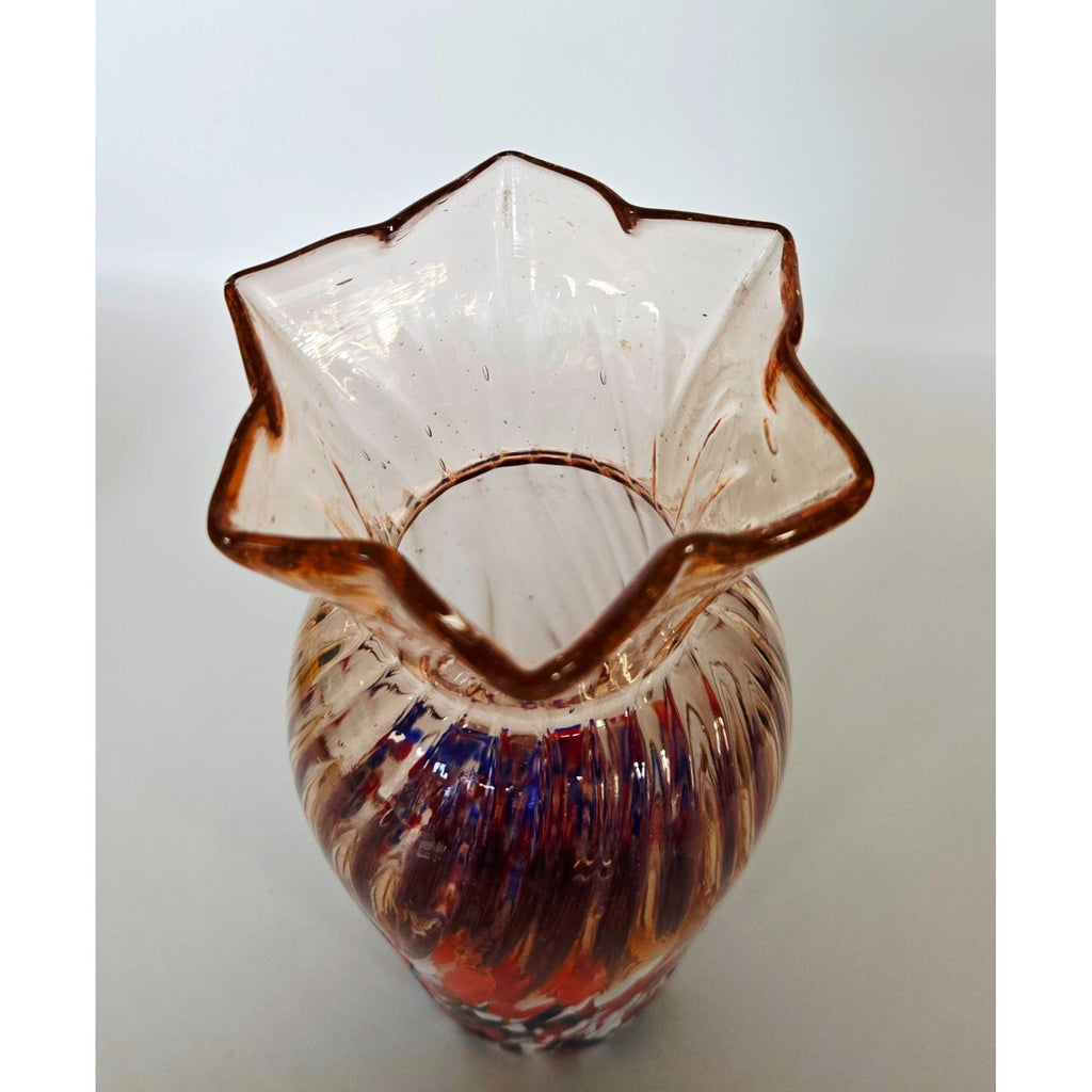 Czech Pink glass with confetti speckled Vase Star Shaped Rim. Swirl Design, Mint