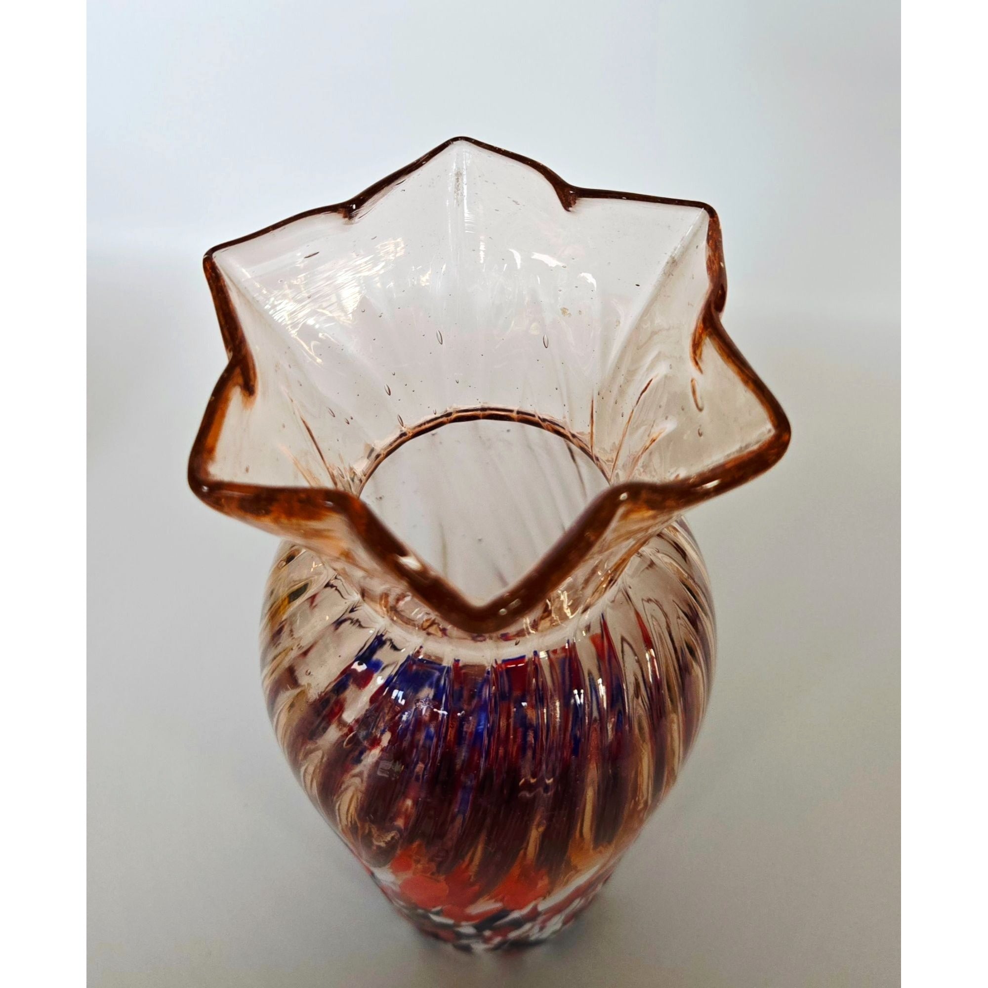 Czech Pink glass with confetti speckled Vase Star Shaped Rim. Swirl Design, Mint