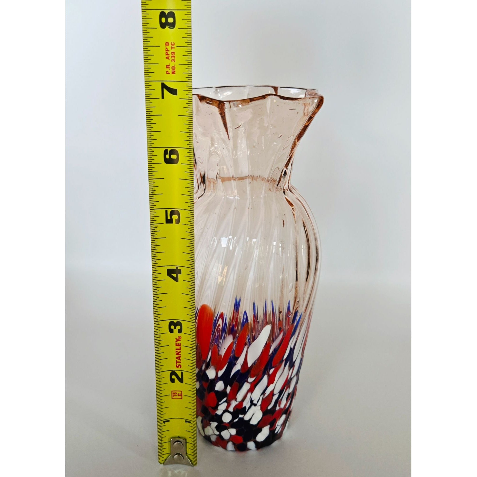 Czech Pink glass with confetti speckled Vase Star Shaped Rim. Swirl Design, Mint