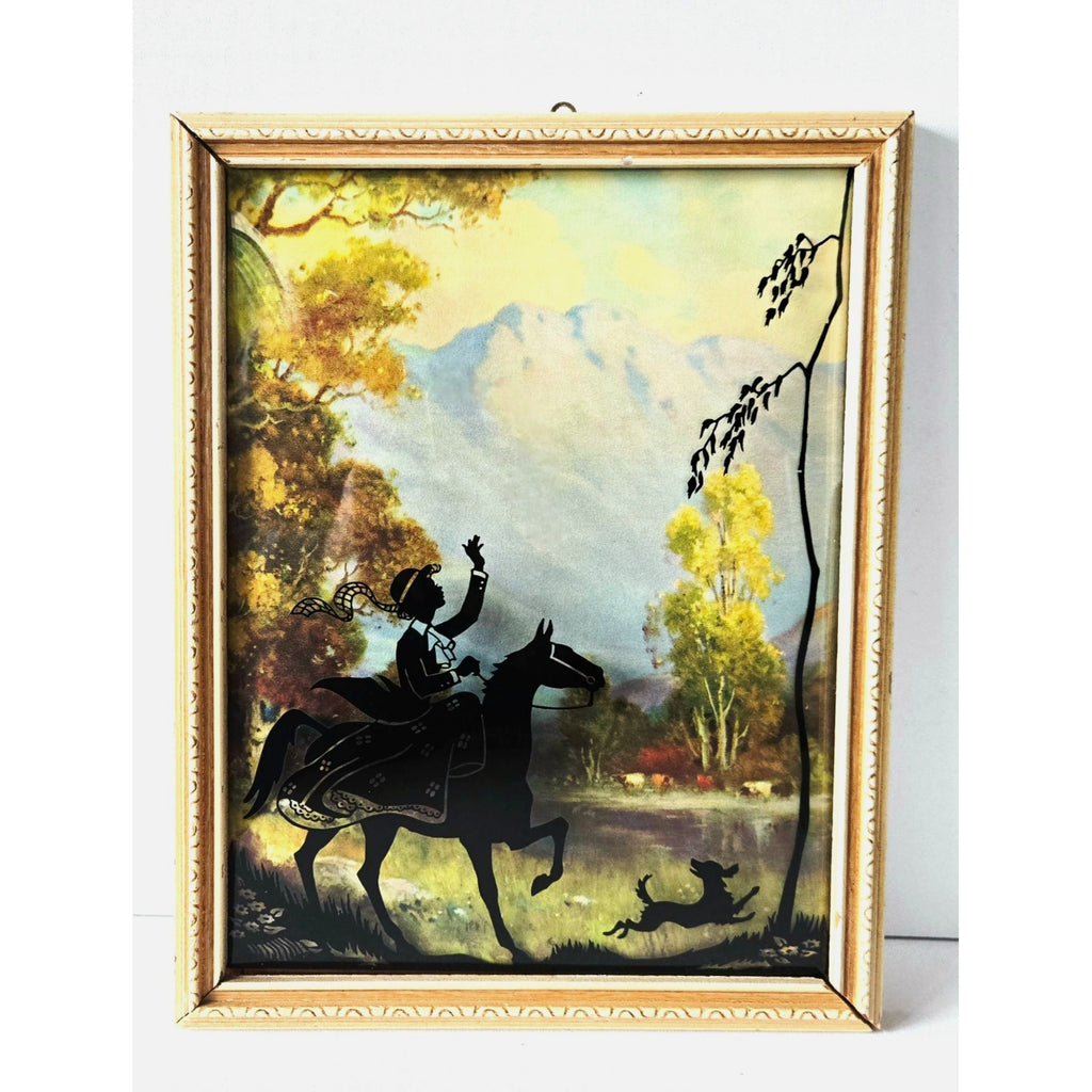 BENTON Glass 1930s Convex Silhouette Art With Lady on Horse w/dog Reverse Hand Painted  8 3/4"