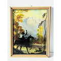 BENTON Glass 1930s Convex Silhouette Art With Lady on Horse w/dog Reverse Hand Painted  8 3/4"