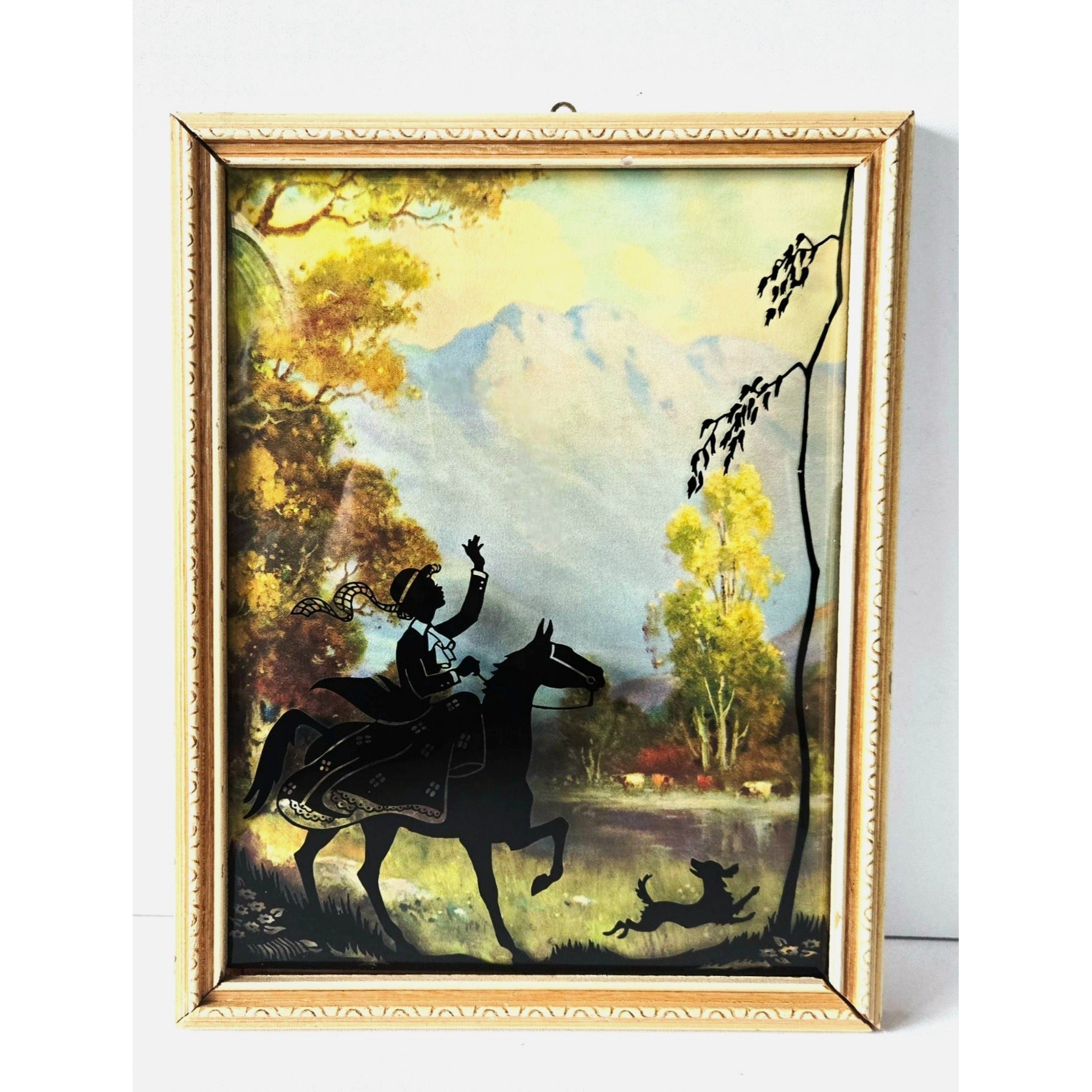 BENTON Glass 1930s Convex Silhouette Art With Lady on Horse w/dog Reverse Hand Painted  8 3/4"