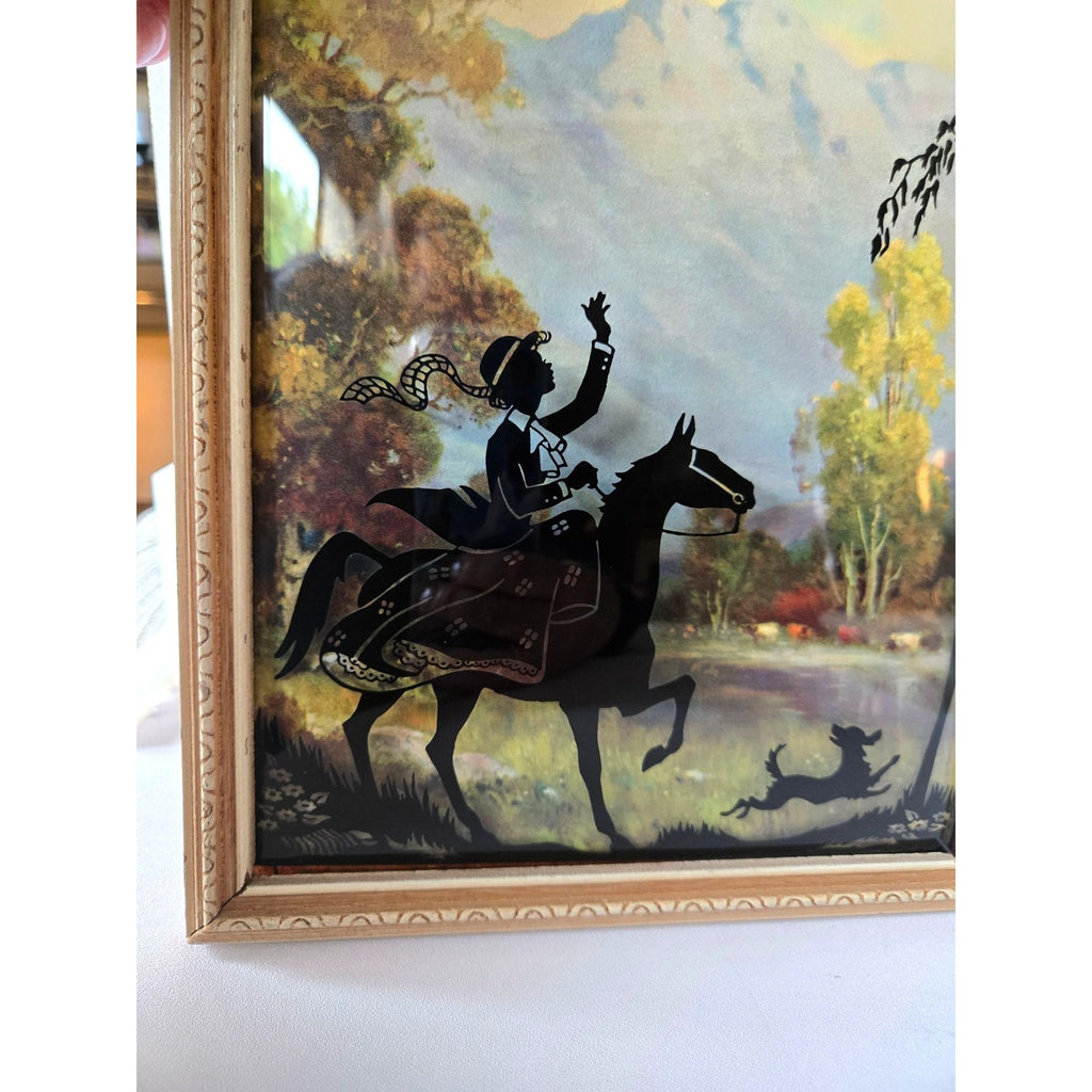 BENTON Glass 1930s Convex Silhouette Art With Lady on Horse w/dog Reverse Hand Painted  8 3/4"