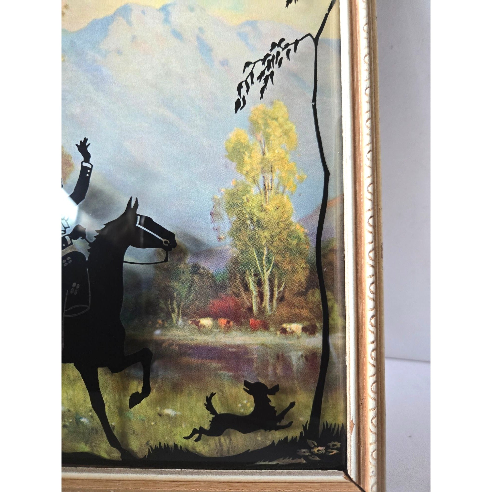 BENTON Glass 1930s Convex Silhouette Art With Lady on Horse w/dog Reverse Hand Painted  8 3/4"