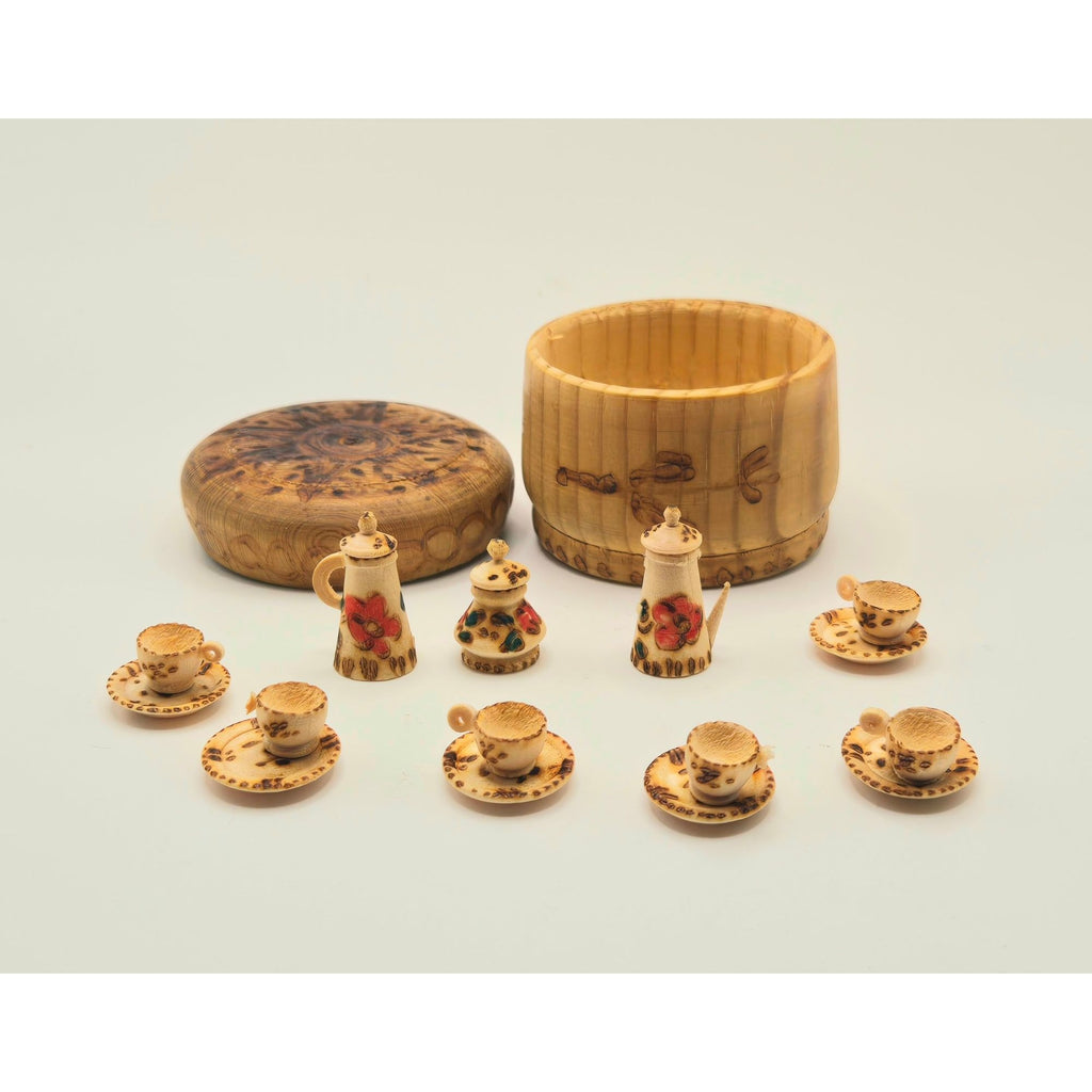European Miniature Wooden Tea Set With Decorative Trinket Box, handcrafted