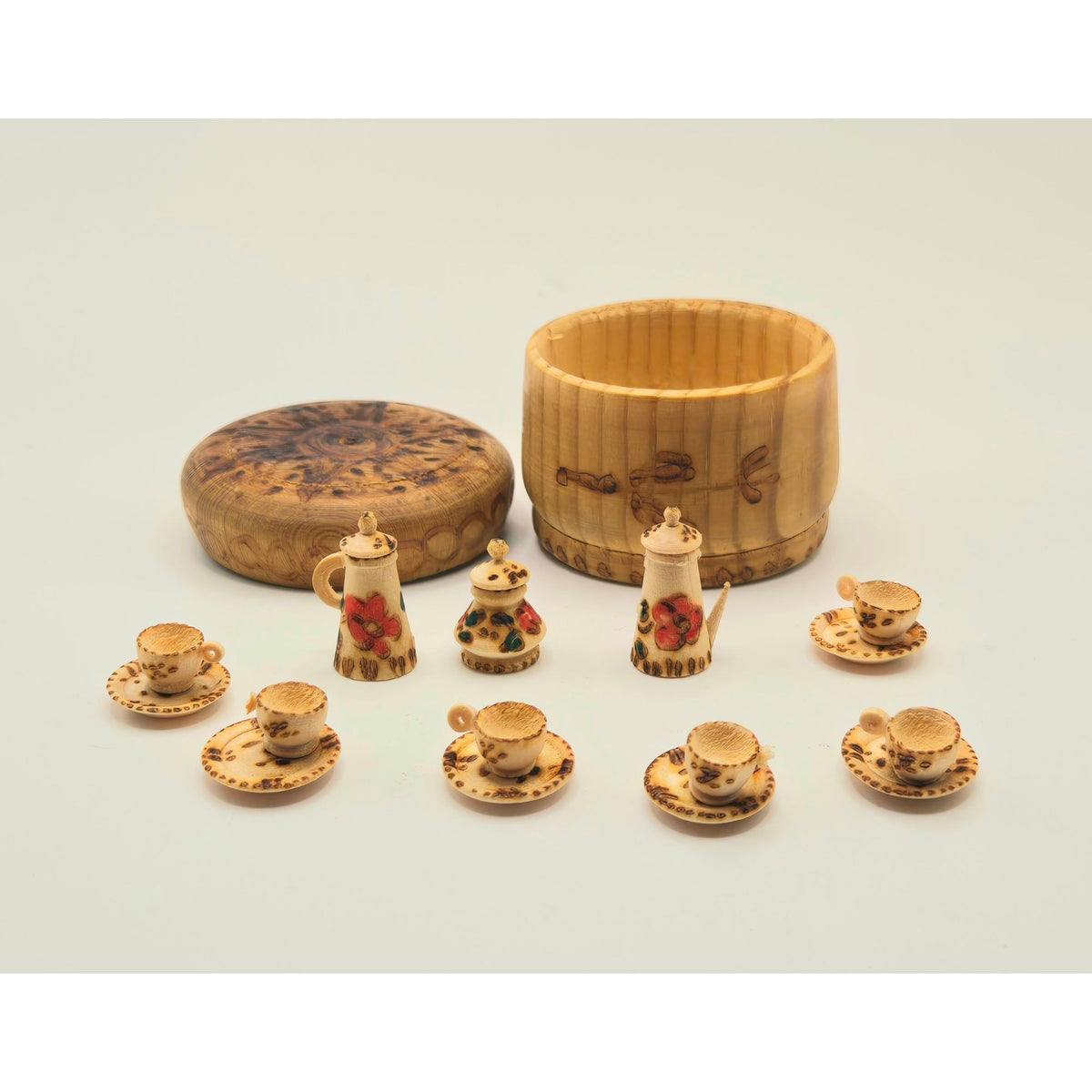 European Miniature Wooden Tea Set With Decorative Trinket Box, handcrafted