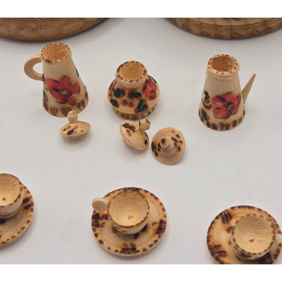 European Miniature Wooden Tea Set With Decorative Trinket Box, handcrafted