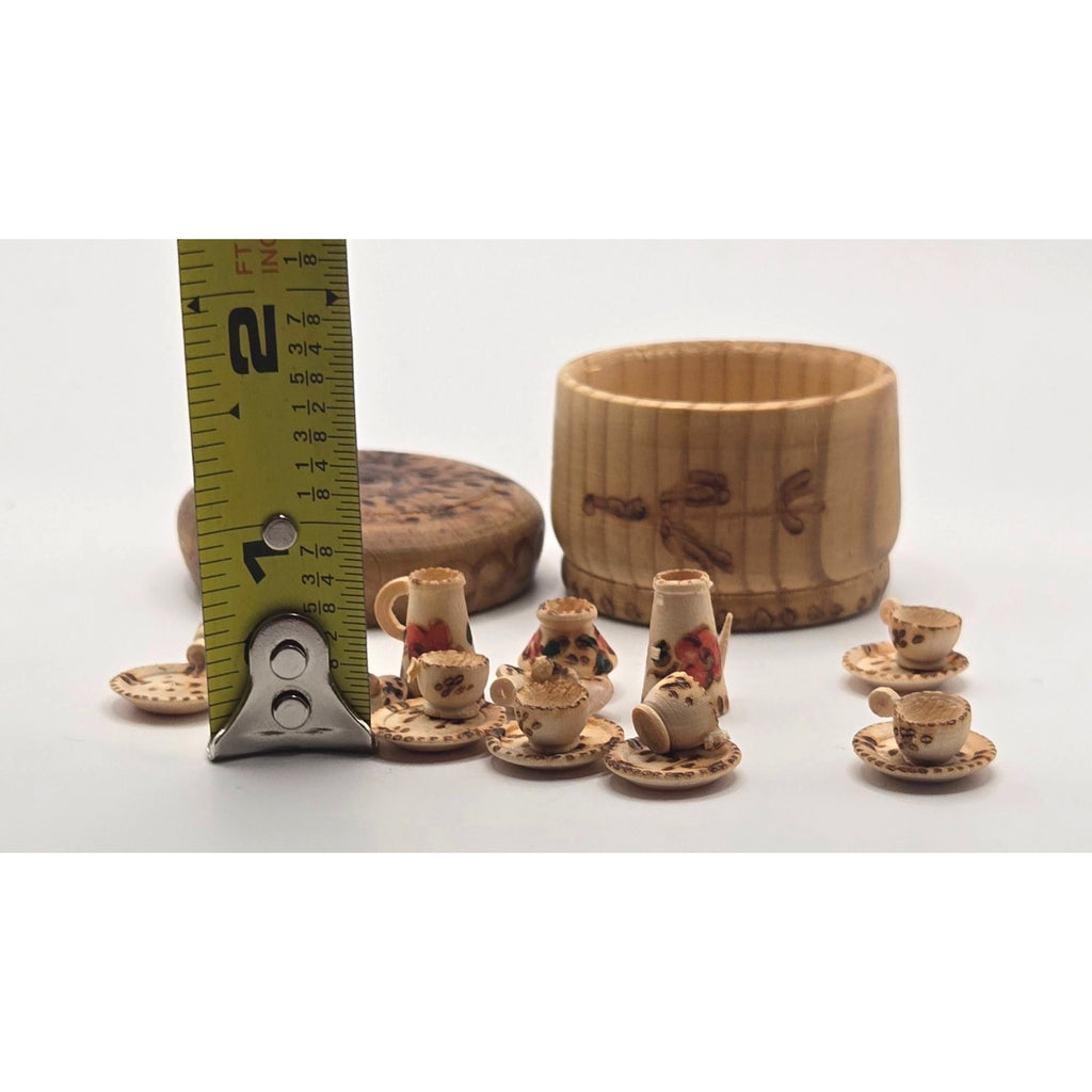 European Miniature Wooden Tea Set With Decorative Trinket Box, handcrafted
