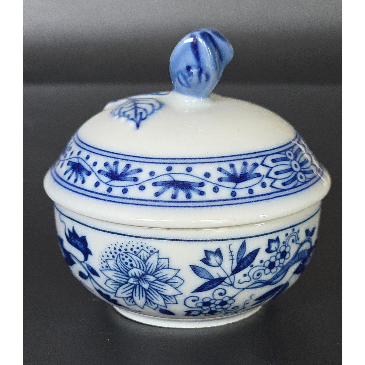 Vintage Blue Onion Style Porcelain Trinket Box w/Rose on Lid, Germany
