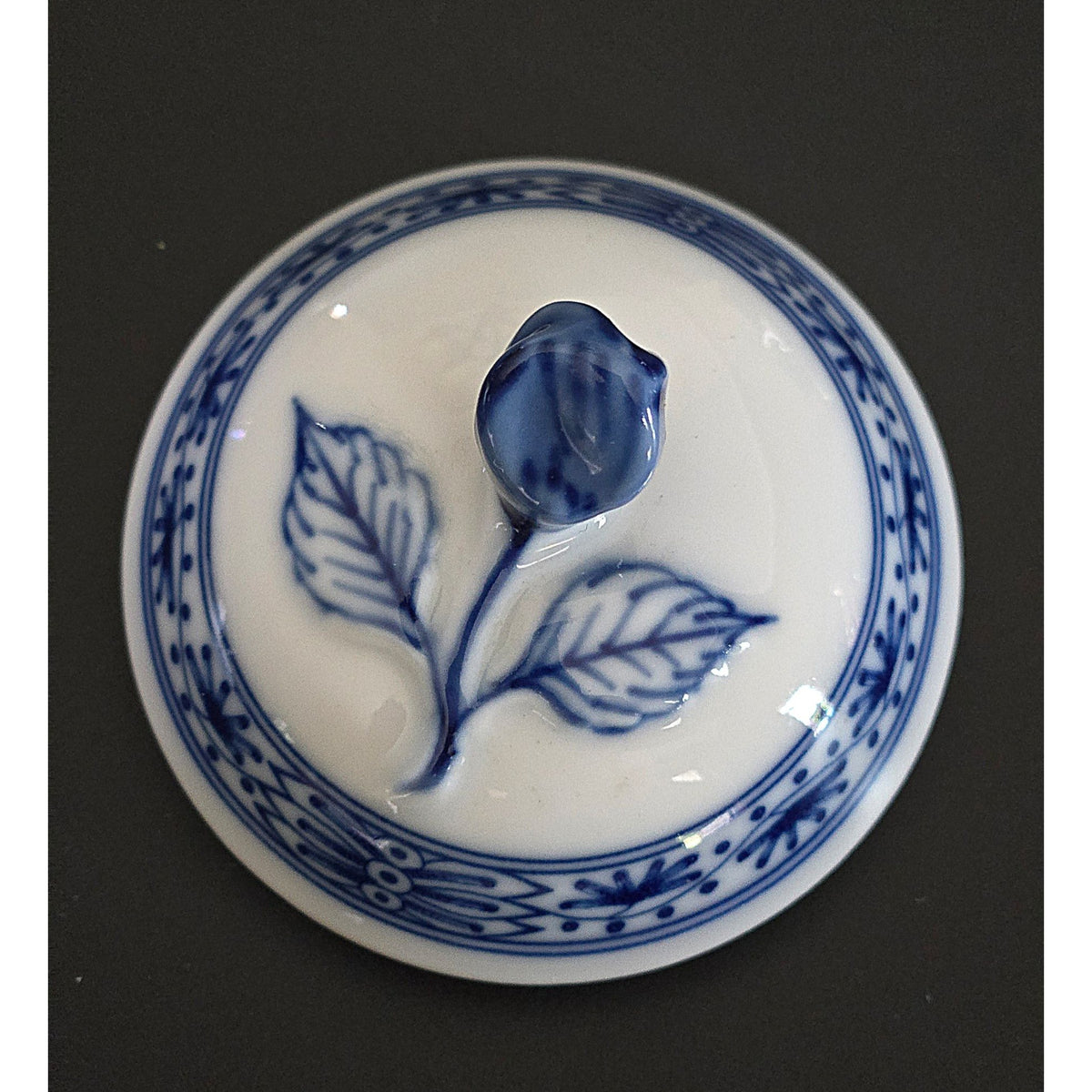 Vintage Blue Onion Style Porcelain Trinket Box w/Rose on Lid, Germany