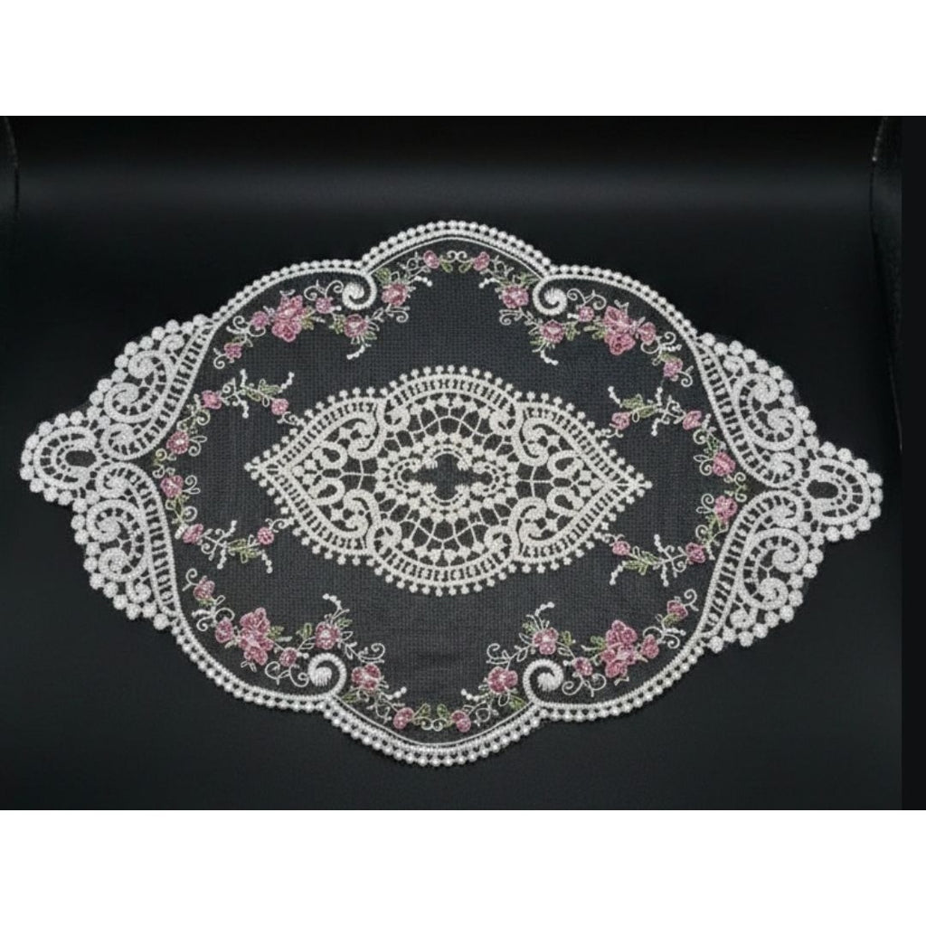 Vintage White Floral Embroidered Lace Doily W/Delicate Pink Roses & Scrollwork Oval Shape