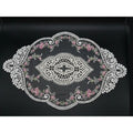 Vintage White Floral Embroidered Lace Doily W/Delicate Pink Roses & Scrollwork Oval Shape