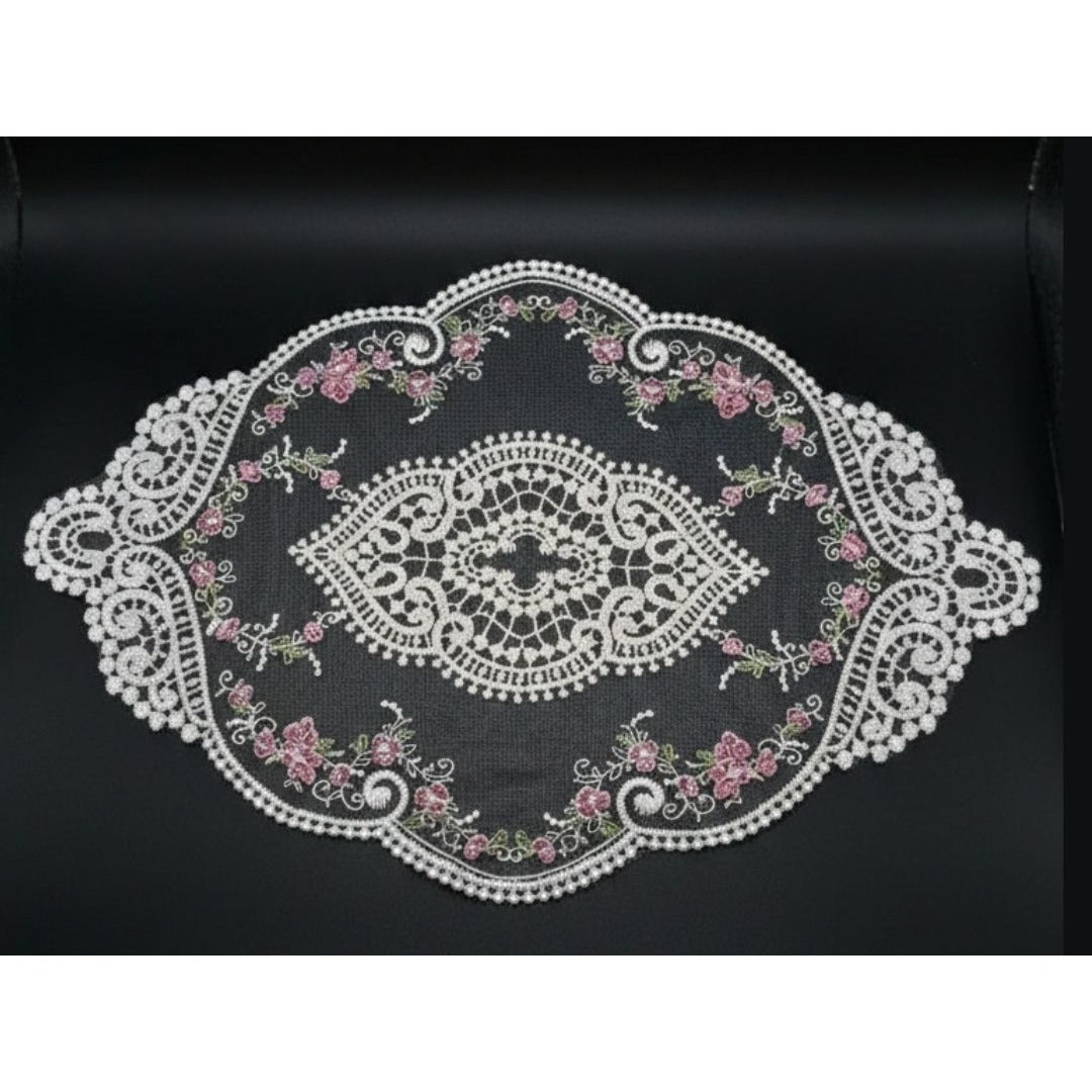 Vintage White Floral Embroidered Lace Doily W/Delicate Pink Roses & Scrollwork Oval Shape