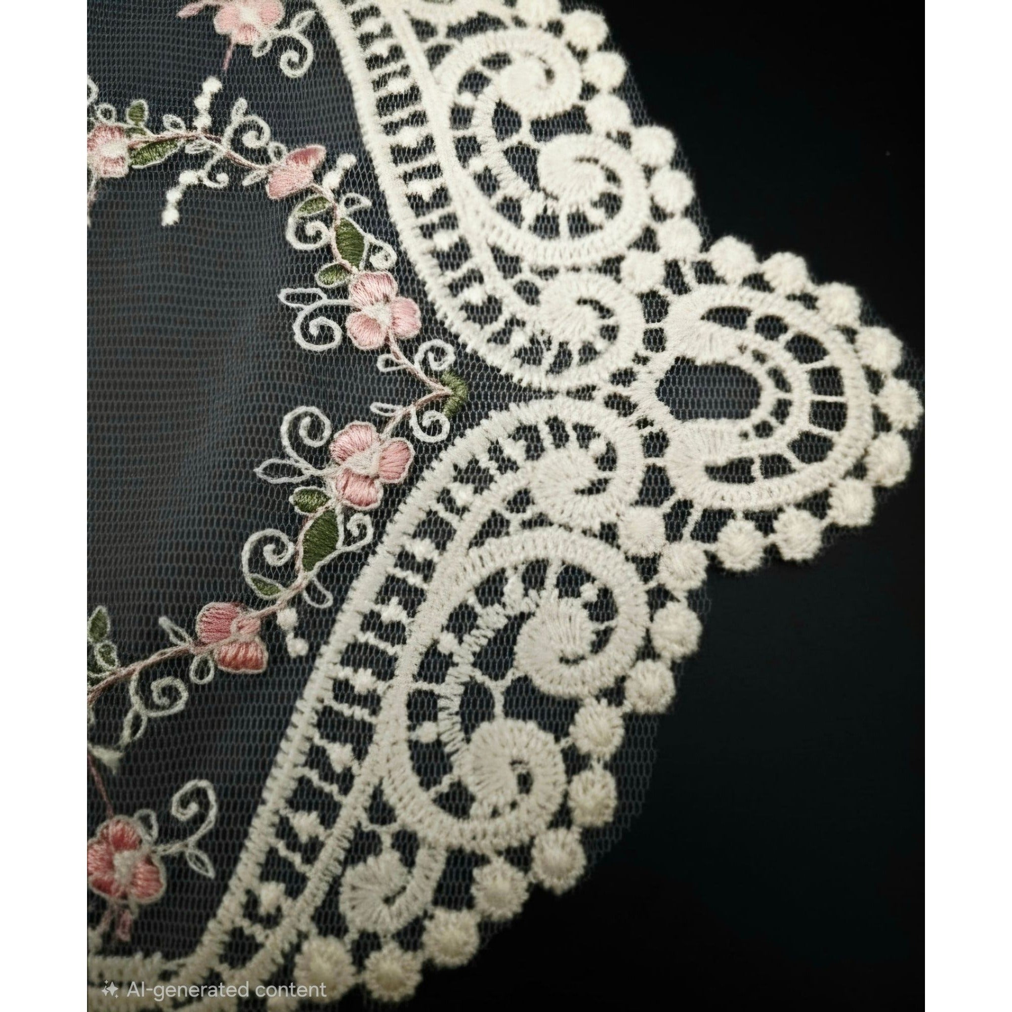 Vintage White Floral Embroidered Lace Doily W/Delicate Pink Roses & Scrollwork Oval Shape
