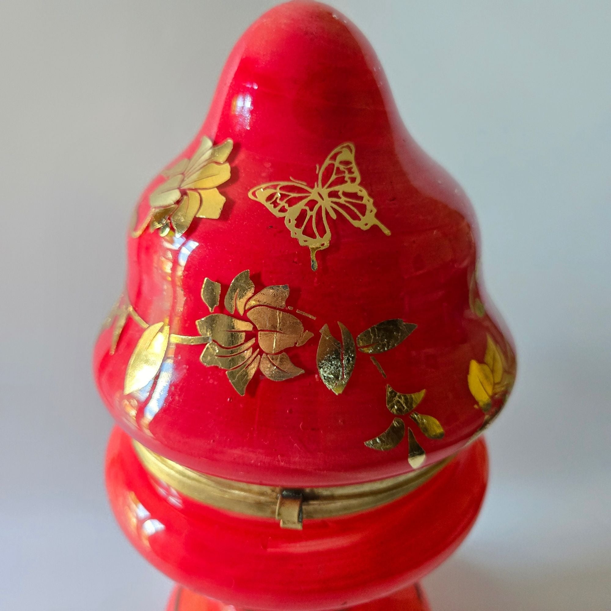 Vintage Bohemian Czech Glass Mini Bar Set with Decanter & Shot Glasses, Red with Gold Floral