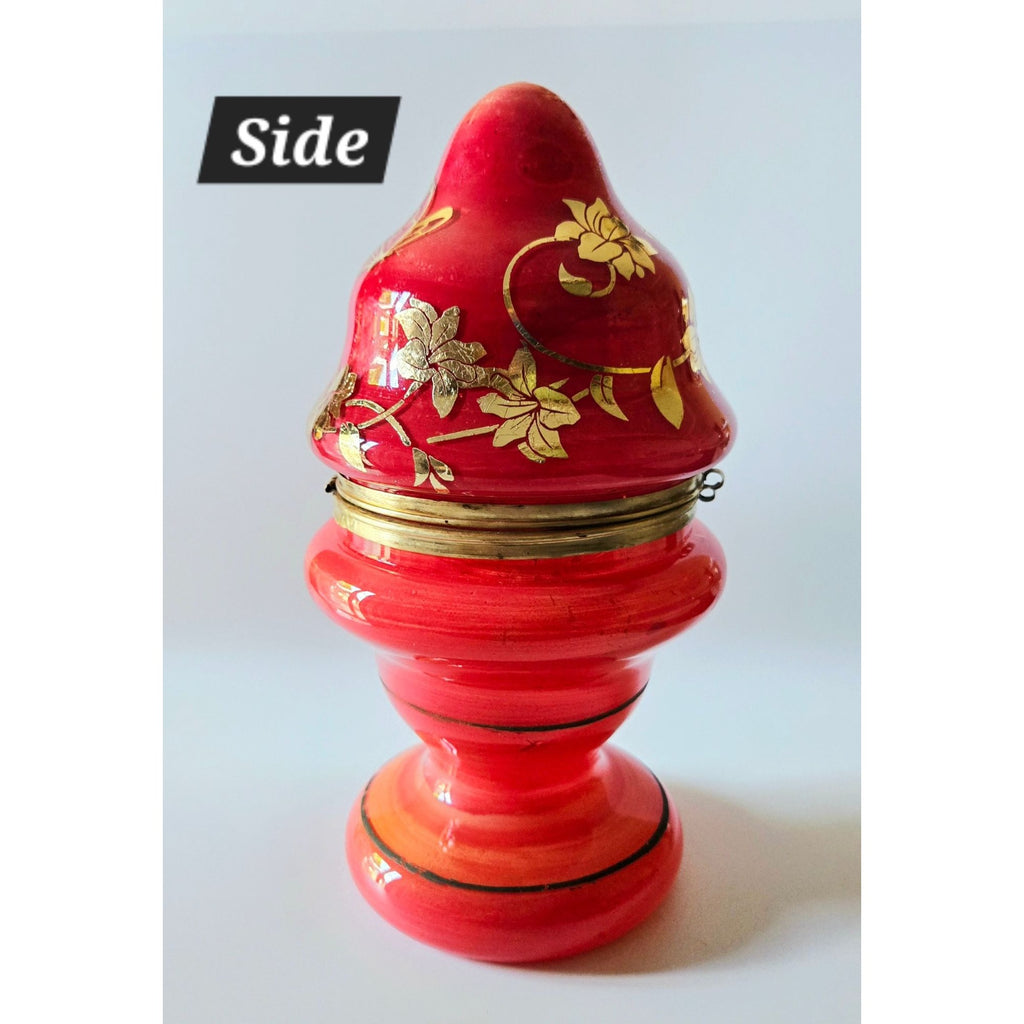 Vintage Bohemian Czech Glass Mini Bar Set with Decanter & Shot Glasses, Red with Gold Floral
