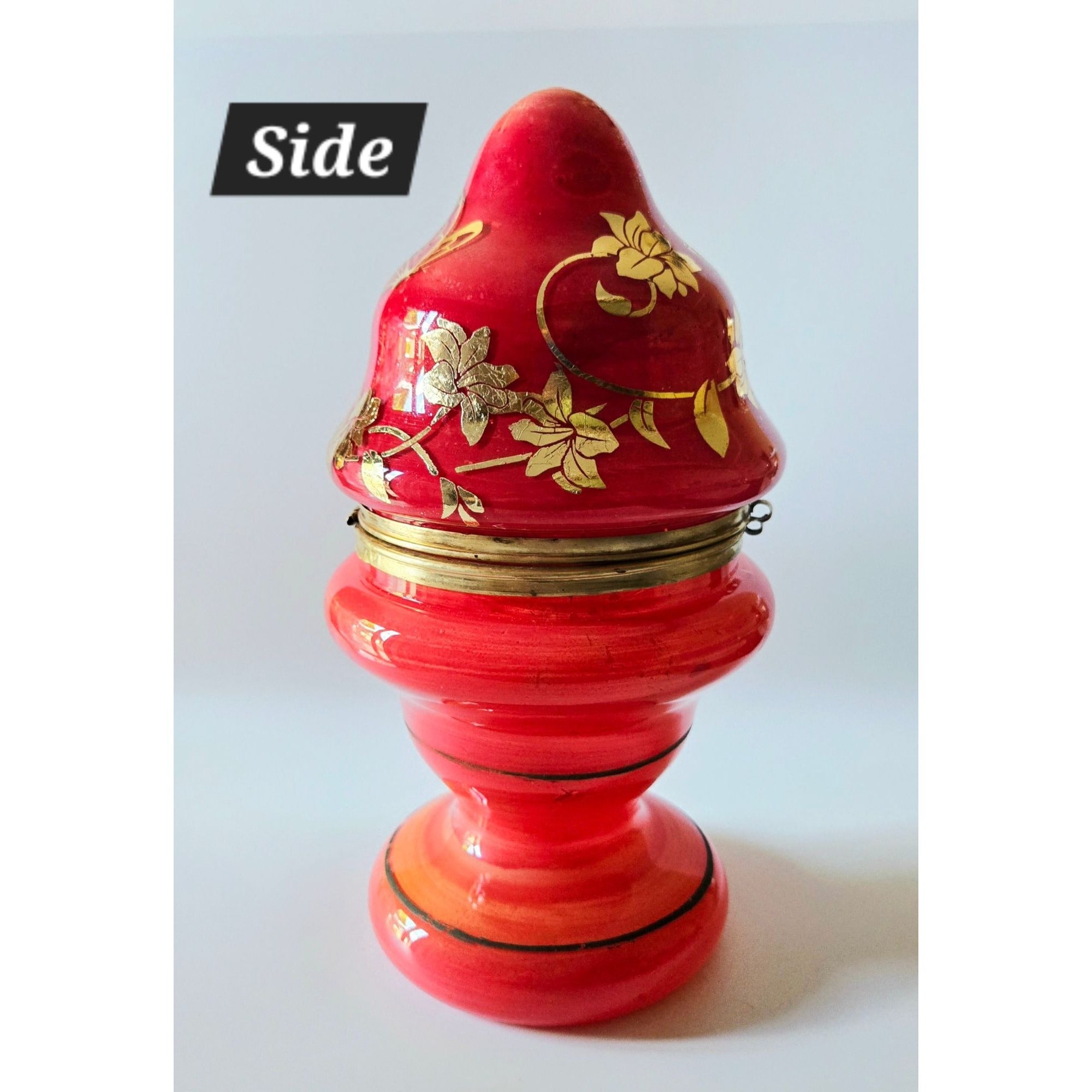 Vintage Bohemian Czech Glass Mini Bar Set with Decanter & Shot Glasses, Red with Gold Floral