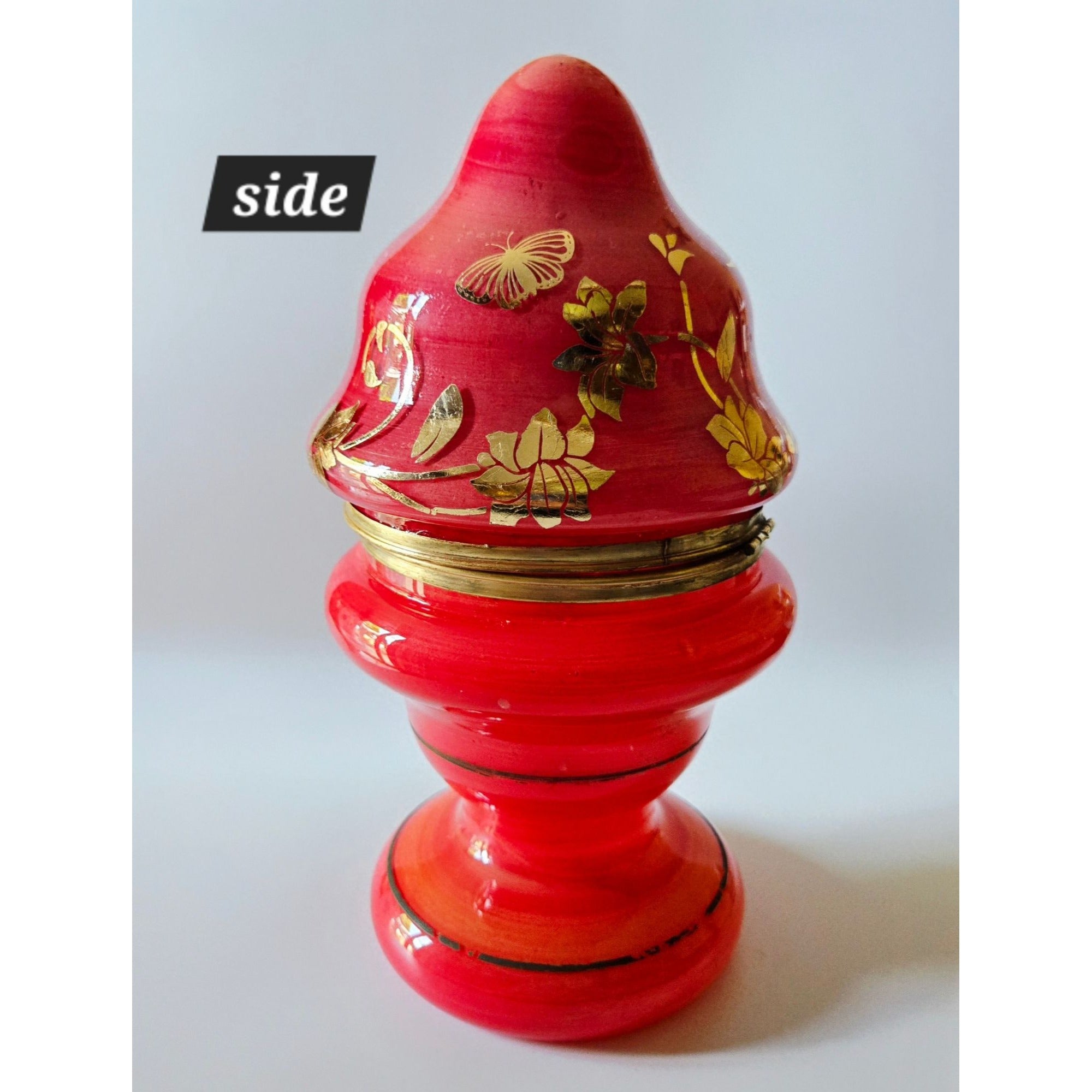 Vintage Bohemian Czech Glass Mini Bar Set with Decanter & Shot Glasses, Red with Gold Floral