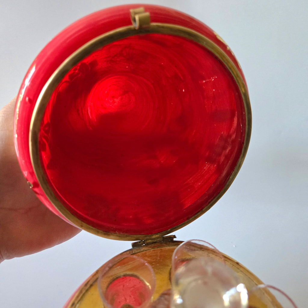 Vintage Bohemian Czech Glass Mini Bar Set with Decanter & Shot Glasses, Red with Gold Floral
