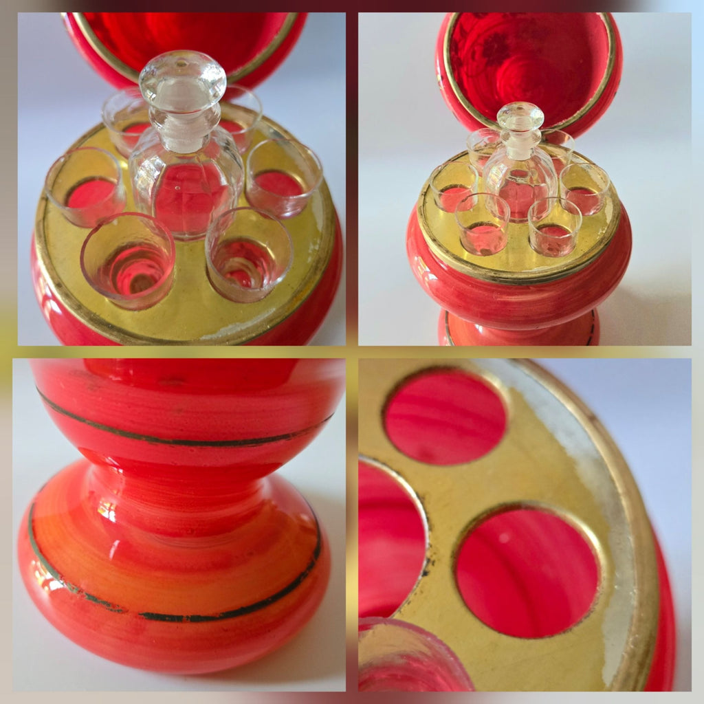 Vintage Bohemian Czech Glass Mini Bar Set with Decanter & Shot Glasses, Red with Gold Floral