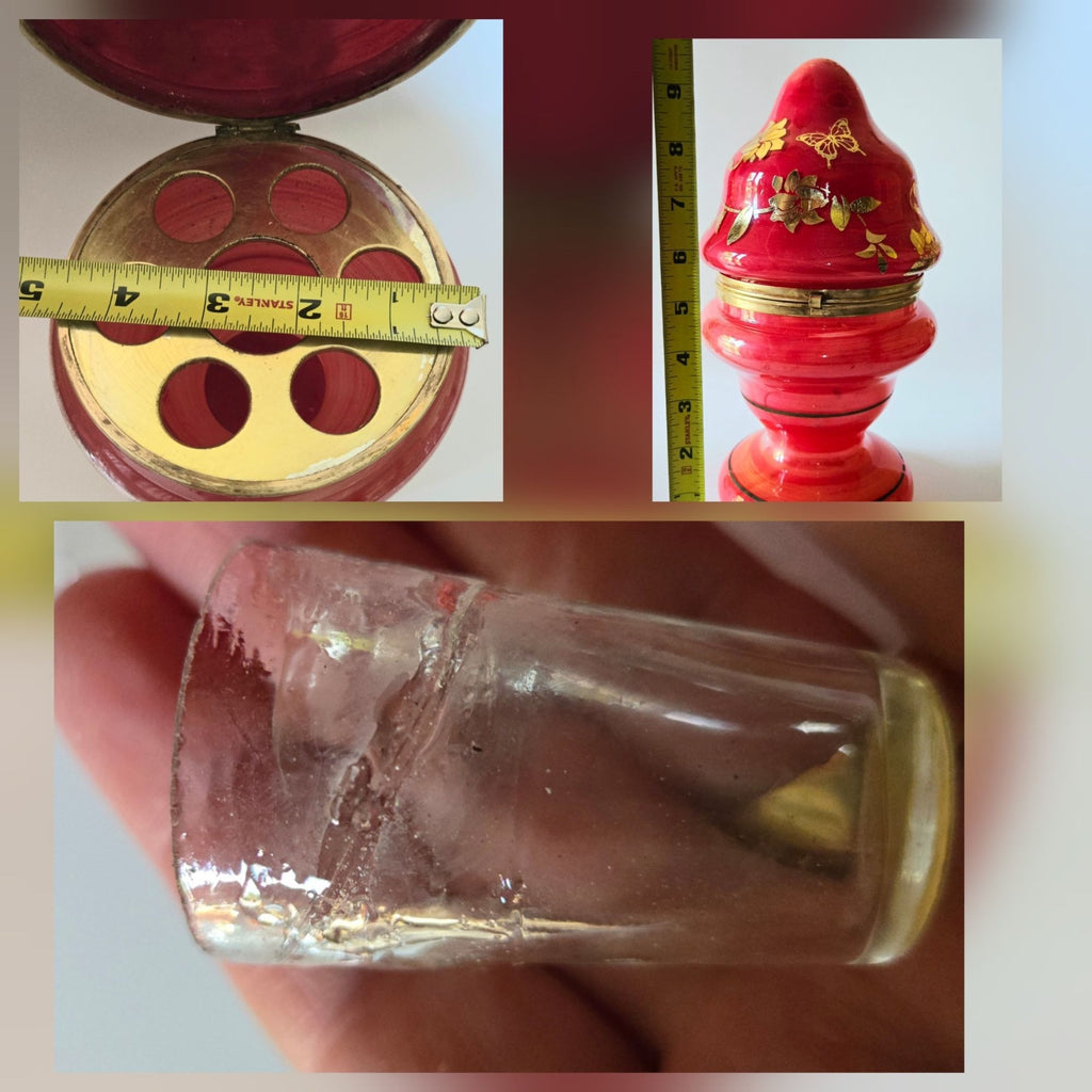 Vintage Bohemian Czech Glass Mini Bar Set with Decanter & Shot Glasses, Red with Gold Floral