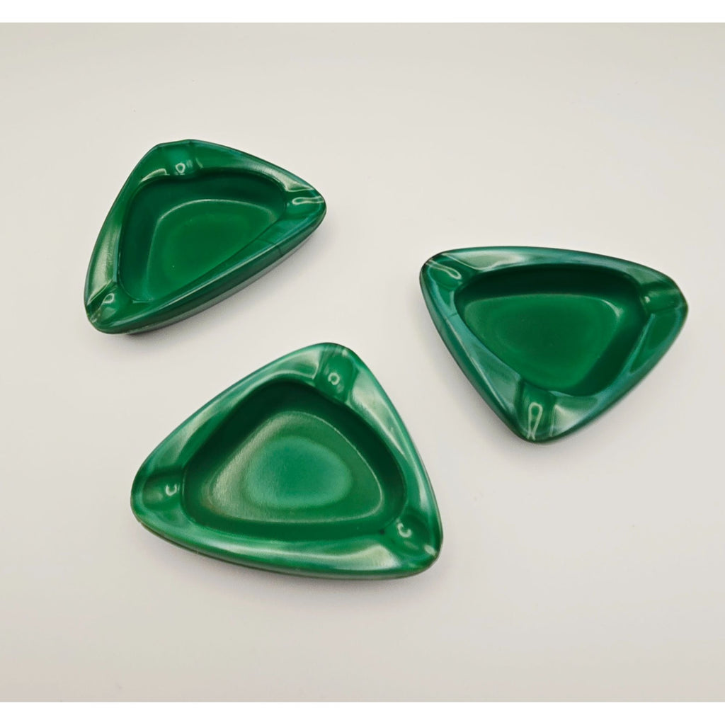 Set Of 3 Czech Vintage Retro Malichite Glass Green Marbled Triangle Trinket Dishes, Ashtrays