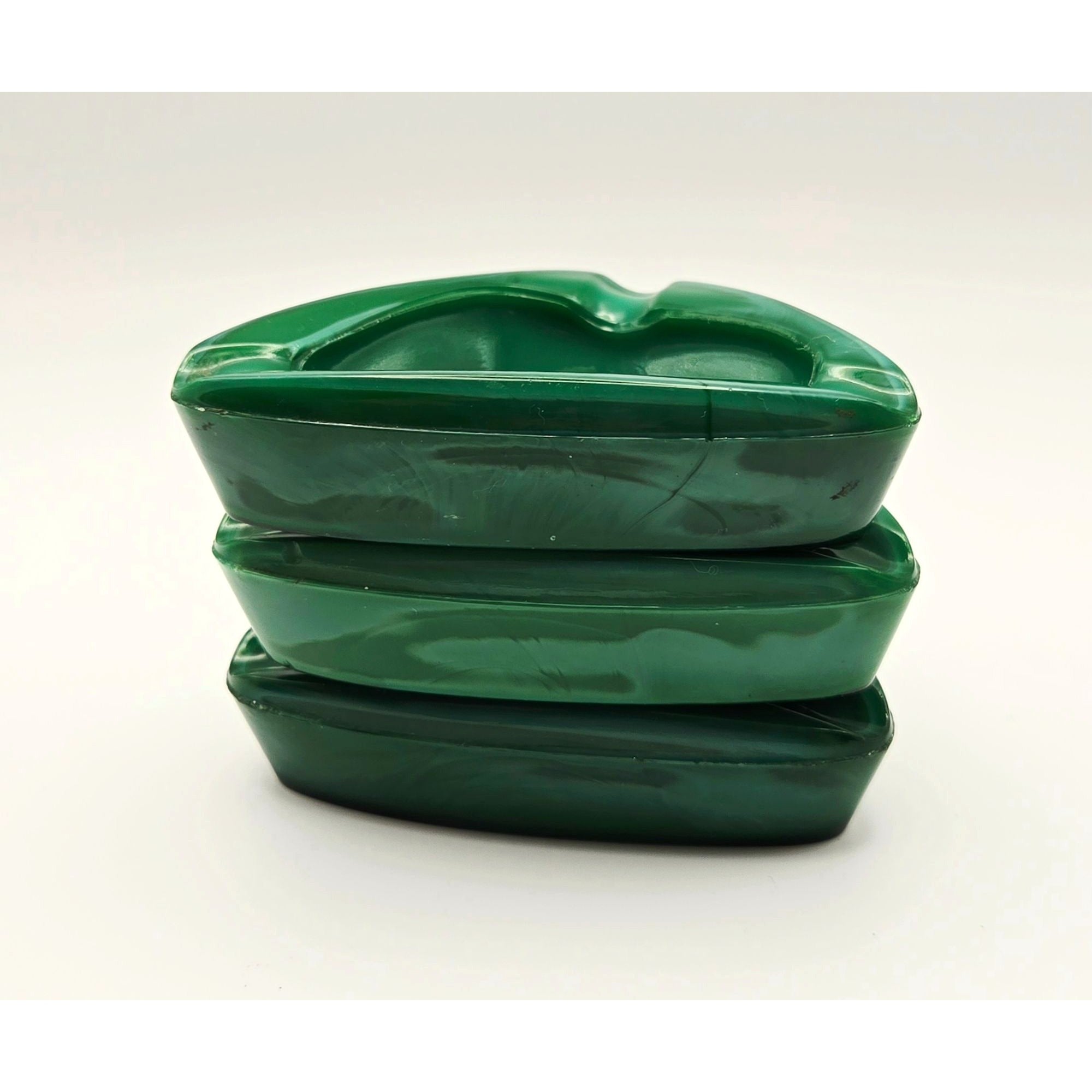 Set Of 3 Czech Vintage Retro Malichite Glass Green Marbled Triangle Trinket Dishes, Ashtrays