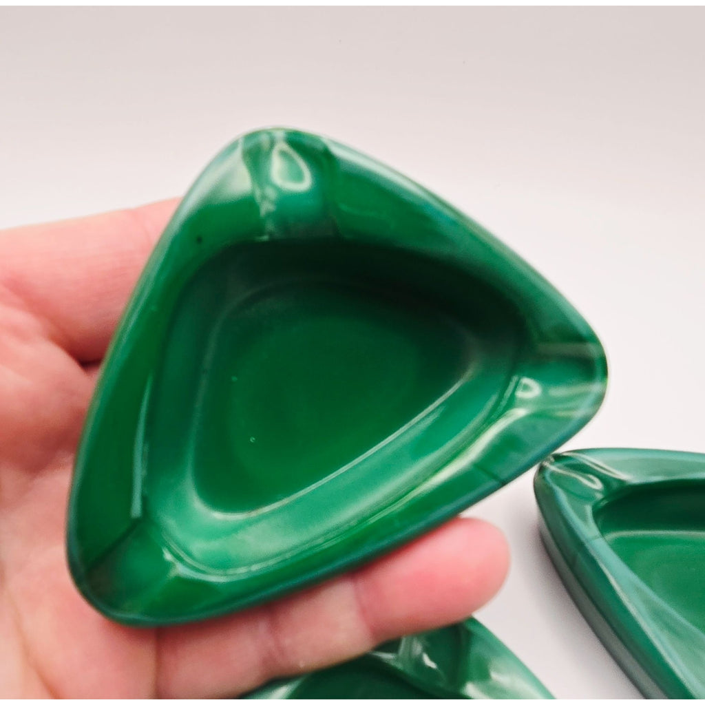 Set Of 3 Czech Vintage Retro Malichite Glass Green Marbled Triangle Trinket Dishes, Ashtrays