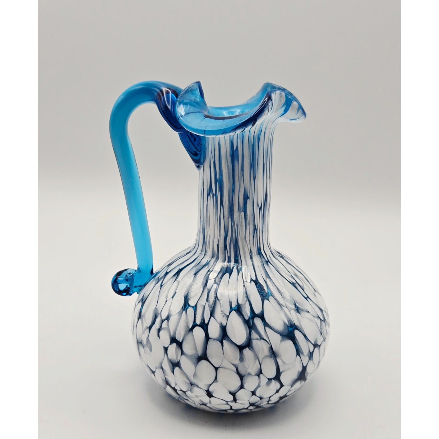 Hand-Blown Blue & White Art Glass Pitcher Rainbow Glass Co 4.25" mint