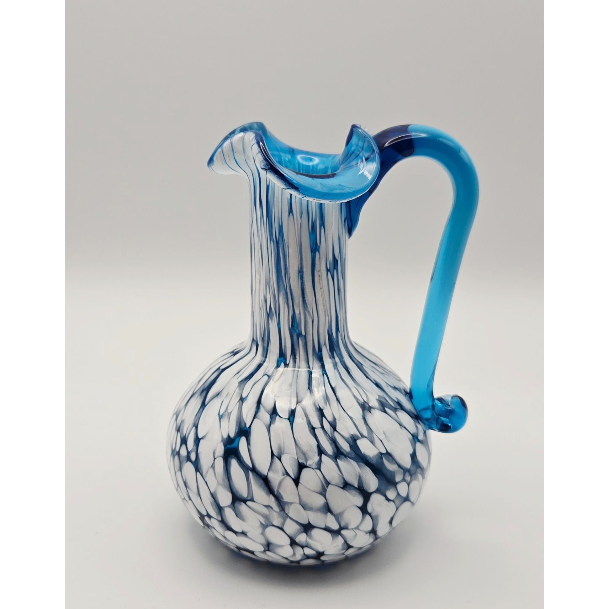 Hand-Blown Blue & White Art Glass Pitcher Rainbow Glass Co 4.25" mint