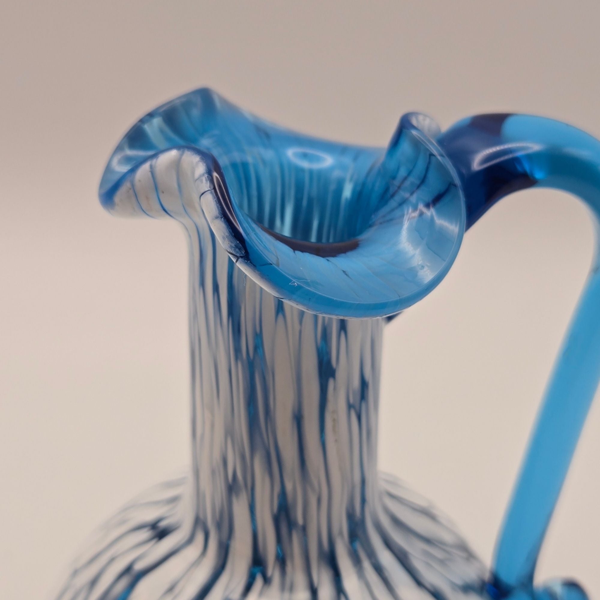 Hand-Blown Blue & White Art Glass Pitcher Rainbow Glass Co 4.25" mint