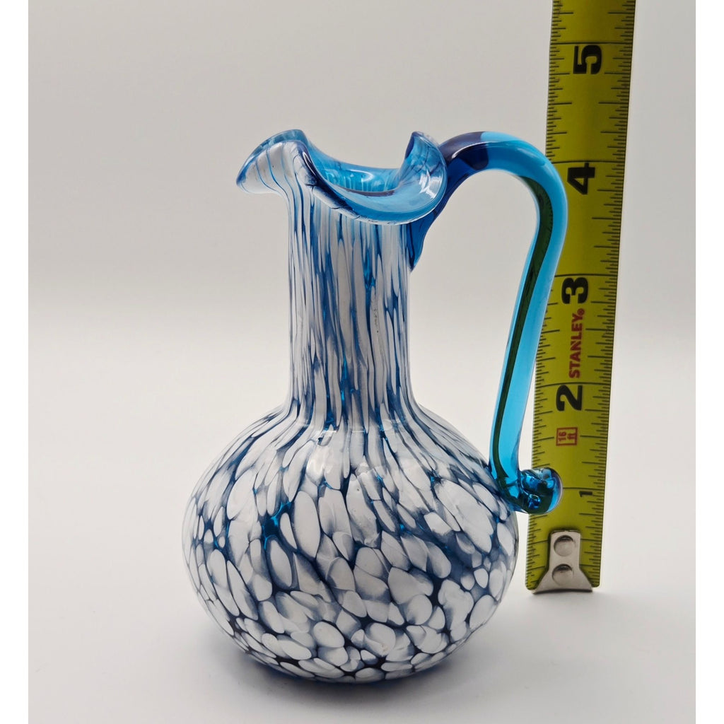 Hand-Blown Blue & White Art Glass Pitcher Rainbow Glass Co 4.25" mint