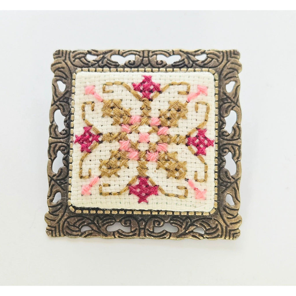 Vintage Brass &  Floral Needlepoint brooch, Pink Green Collar Pin 1.5"