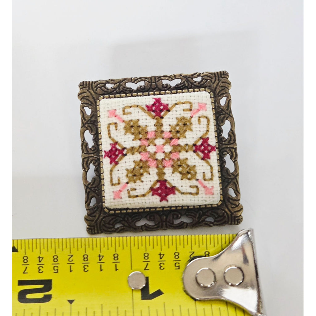 Vintage Brass &  Floral Needlepoint brooch, Pink Green Collar Pin 1.5"