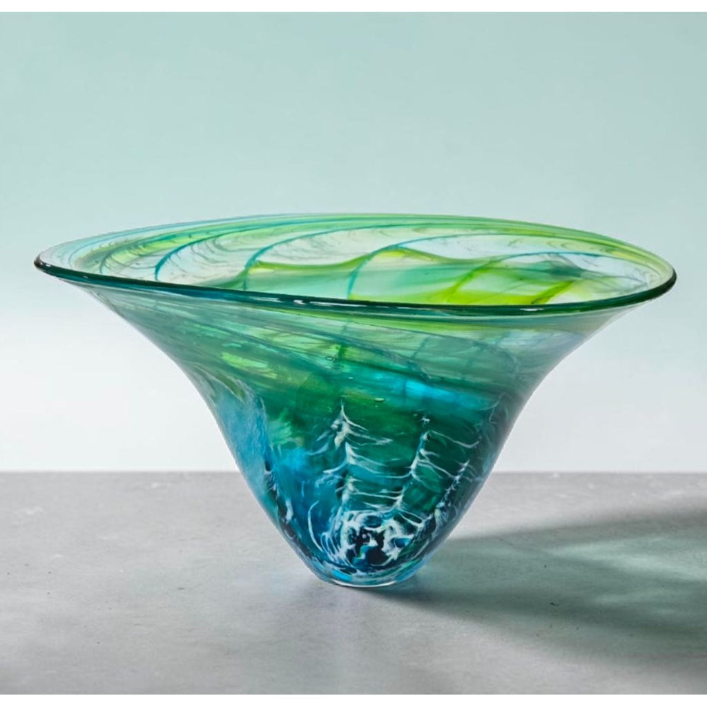 Richard Glass Large Ocean Bowl Hand-Blown Green & Blue Swirl Art Glass Bowl 11"