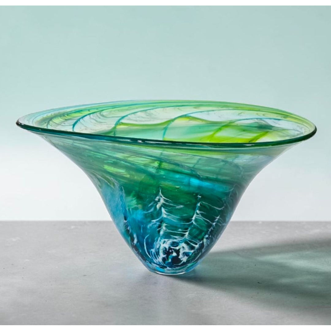 Richard Glass Large Ocean Bowl Hand-Blown Green & Blue Swirl Art Glass Bowl 11"