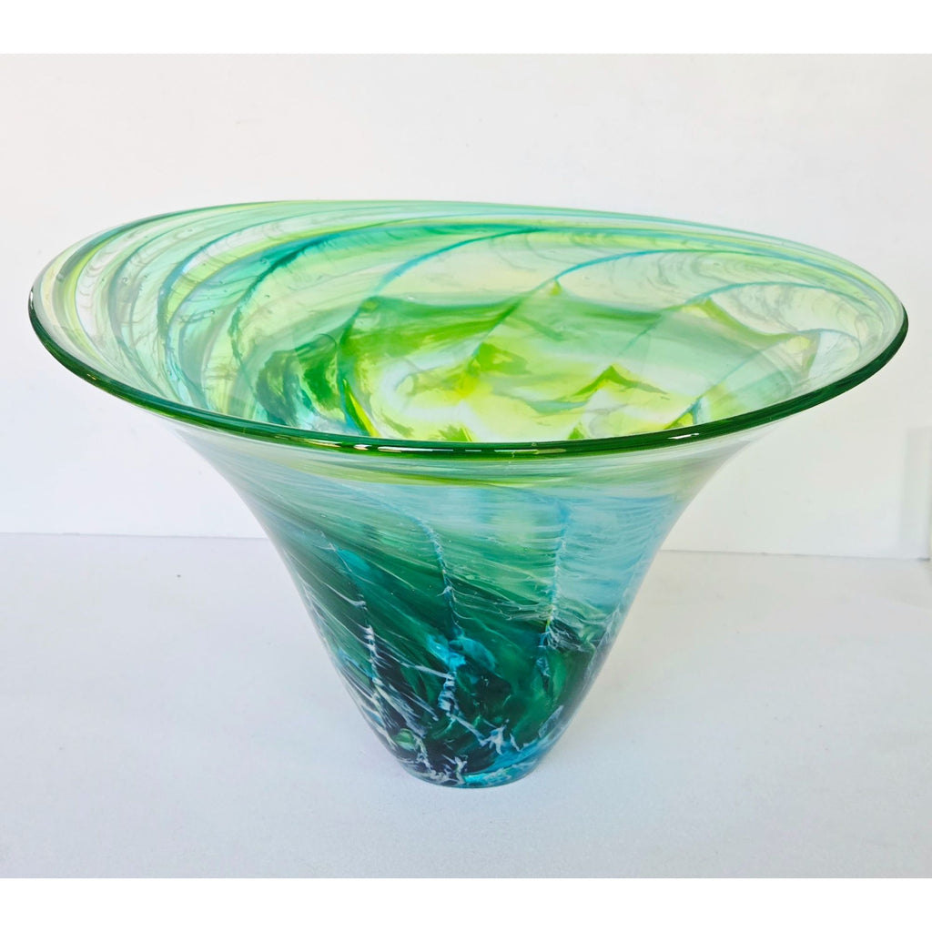 Richard Glass Large Ocean Bowl Hand-Blown Green & Blue Swirl Art Glass Bowl 11"